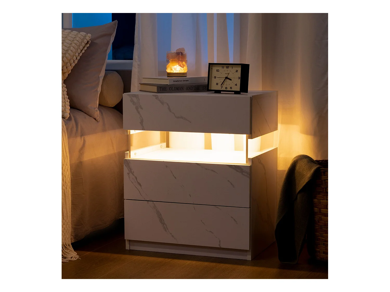 LED-nachtkastje met 3 lades, acryl blad, RGB-licht, MDF, wit (48x38x61cm)