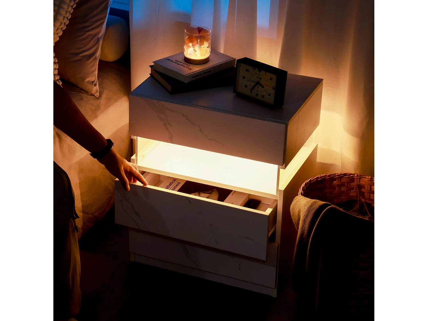 LED-nachtkastje met 3 lades, acryl blad, RGB-licht, MDF, wit (48x38x61cm)