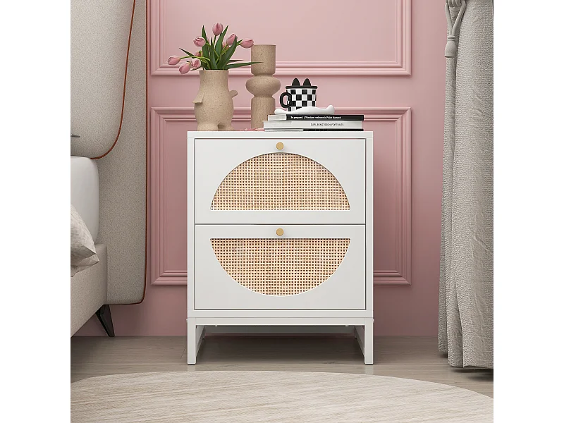 Comodino a 2 cassetti, design simmetrico semicircolare, frontale in rattan, cassetti intercambiabili (40x40x53cm)
