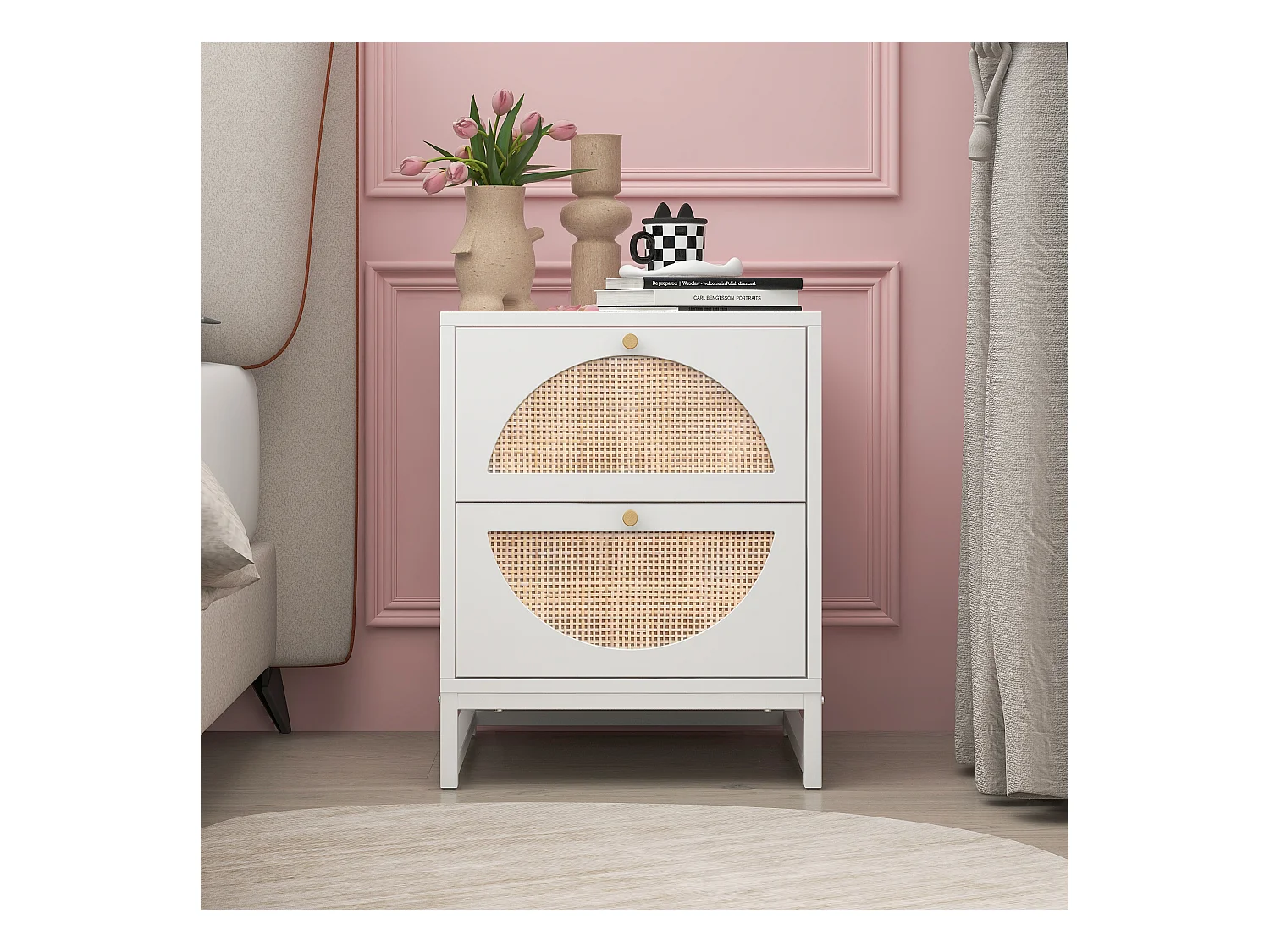 Table de chevet à 2 tiroirs, design symétrique semi-circulaire, façade en rotin, tiroirs interchangeables (40x40x53cm)