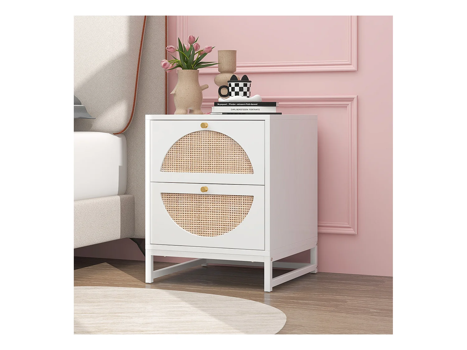 Table de chevet à 2 tiroirs, design symétrique semi-circulaire, façade en rotin, tiroirs interchangeables (40x40x53cm)