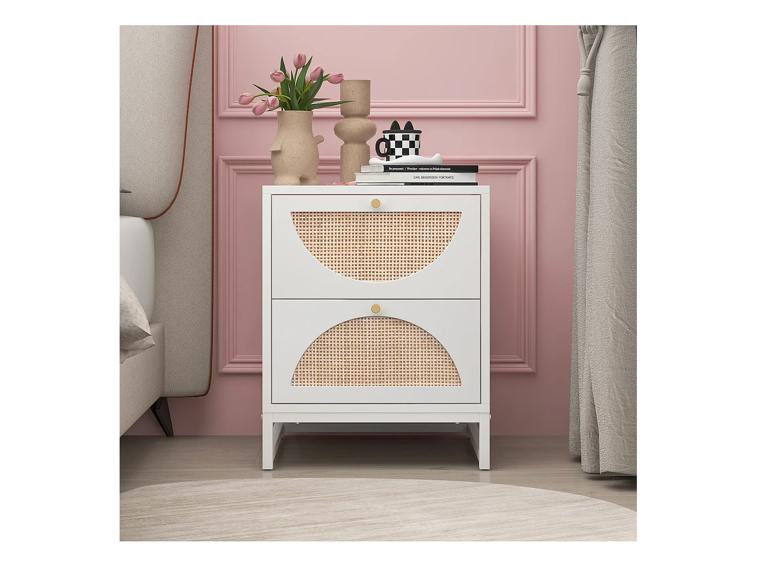 Table de chevet à 2 tiroirs, design symétrique semi-circulaire, façade en rotin, tiroirs interchangeables (40x40x53cm)