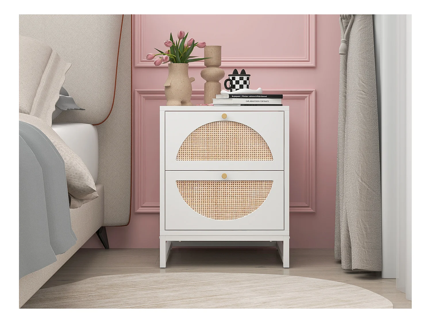 Table de chevet à 2 tiroirs, design symétrique semi-circulaire, façade en rotin, tiroirs interchangeables (40x40x53cm)