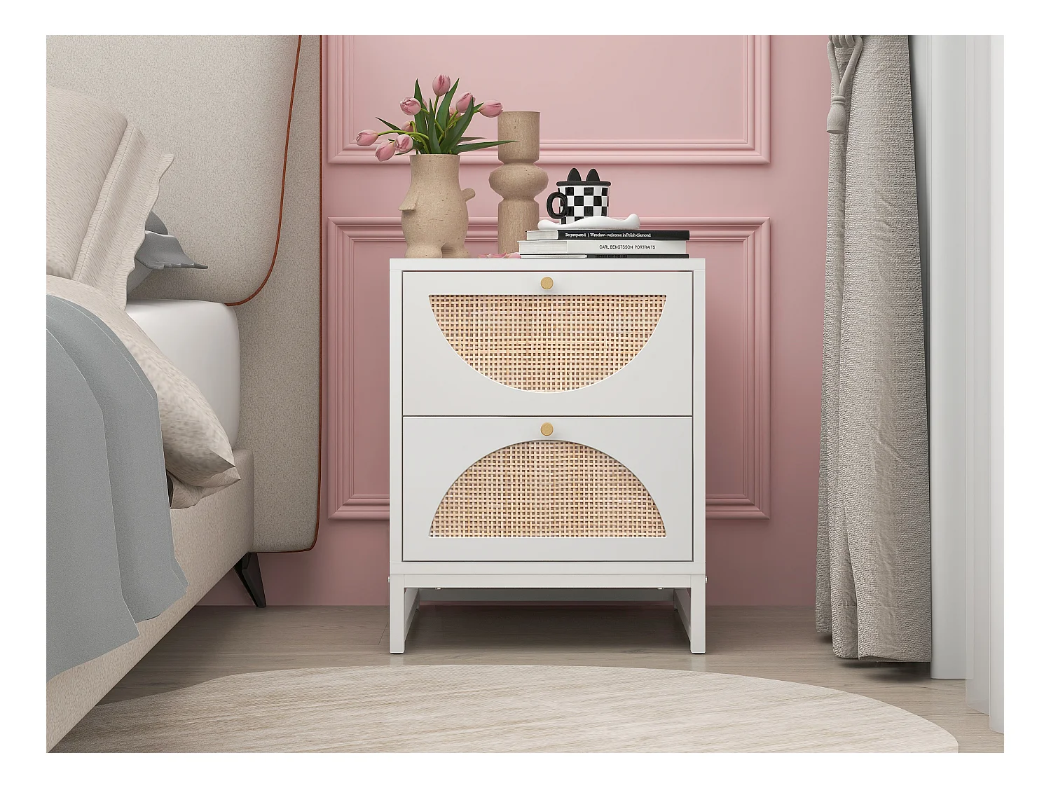 Table de chevet à 2 tiroirs, design symétrique semi-circulaire, façade en rotin, tiroirs interchangeables (40x40x53cm)