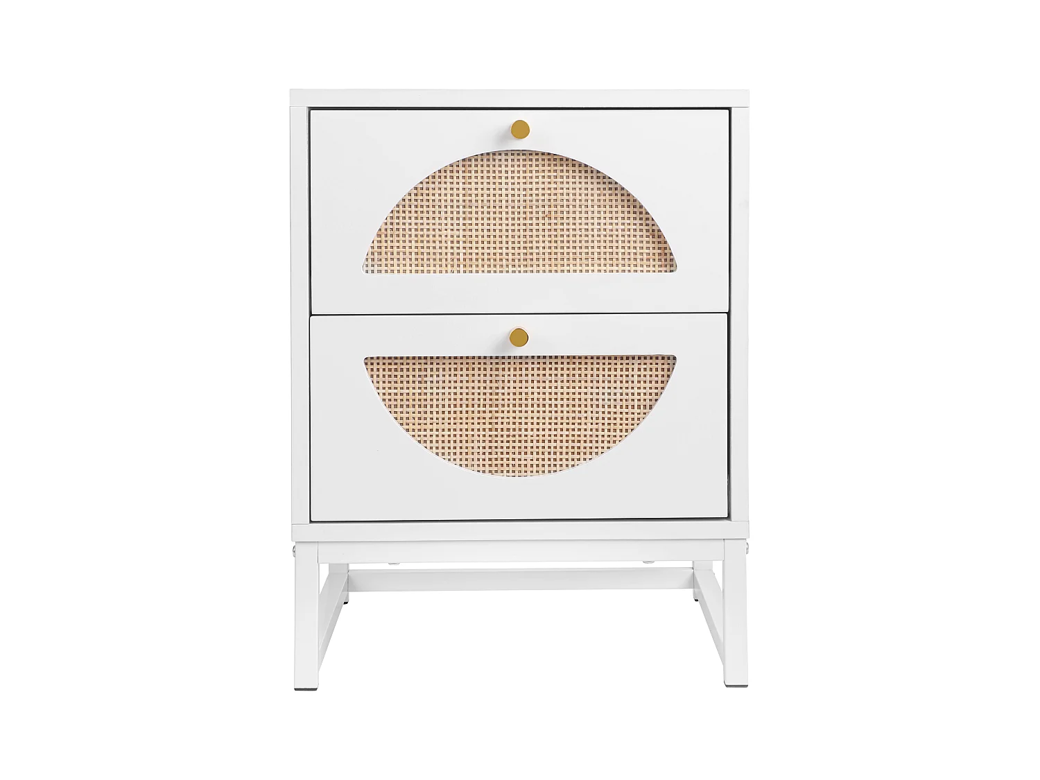 Table de chevet à 2 tiroirs, design symétrique semi-circulaire, façade en rotin, tiroirs interchangeables (40x40x53cm)