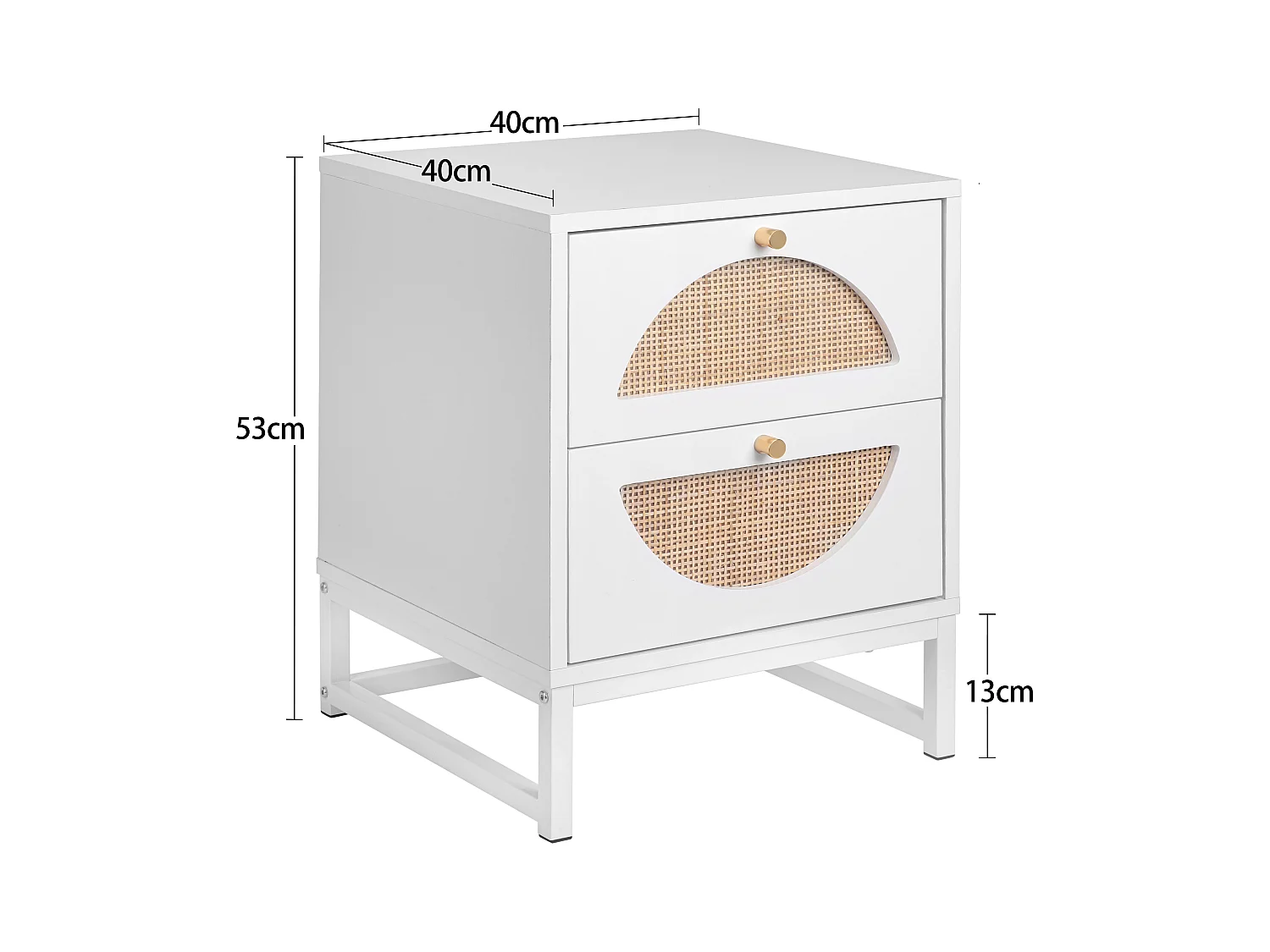 Table de chevet à 2 tiroirs, design symétrique semi-circulaire, façade en rotin, tiroirs interchangeables (40x40x53cm)