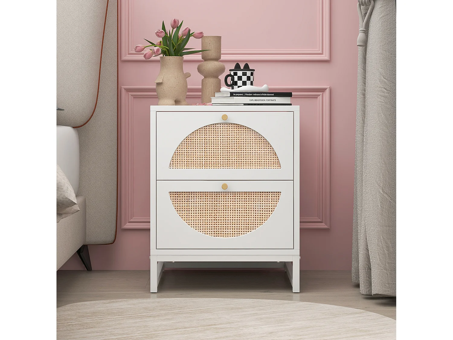 Table de chevet à 2 tiroirs, design symétrique semi-circulaire, façade en rotin, tiroirs interchangeables (40x40x53cm)