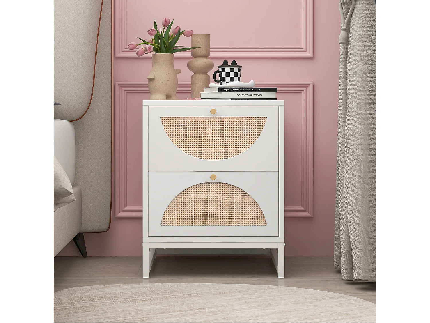 Table de chevet à 2 tiroirs, design symétrique semi-circulaire, façade en rotin, tiroirs interchangeables (40x40x53cm)