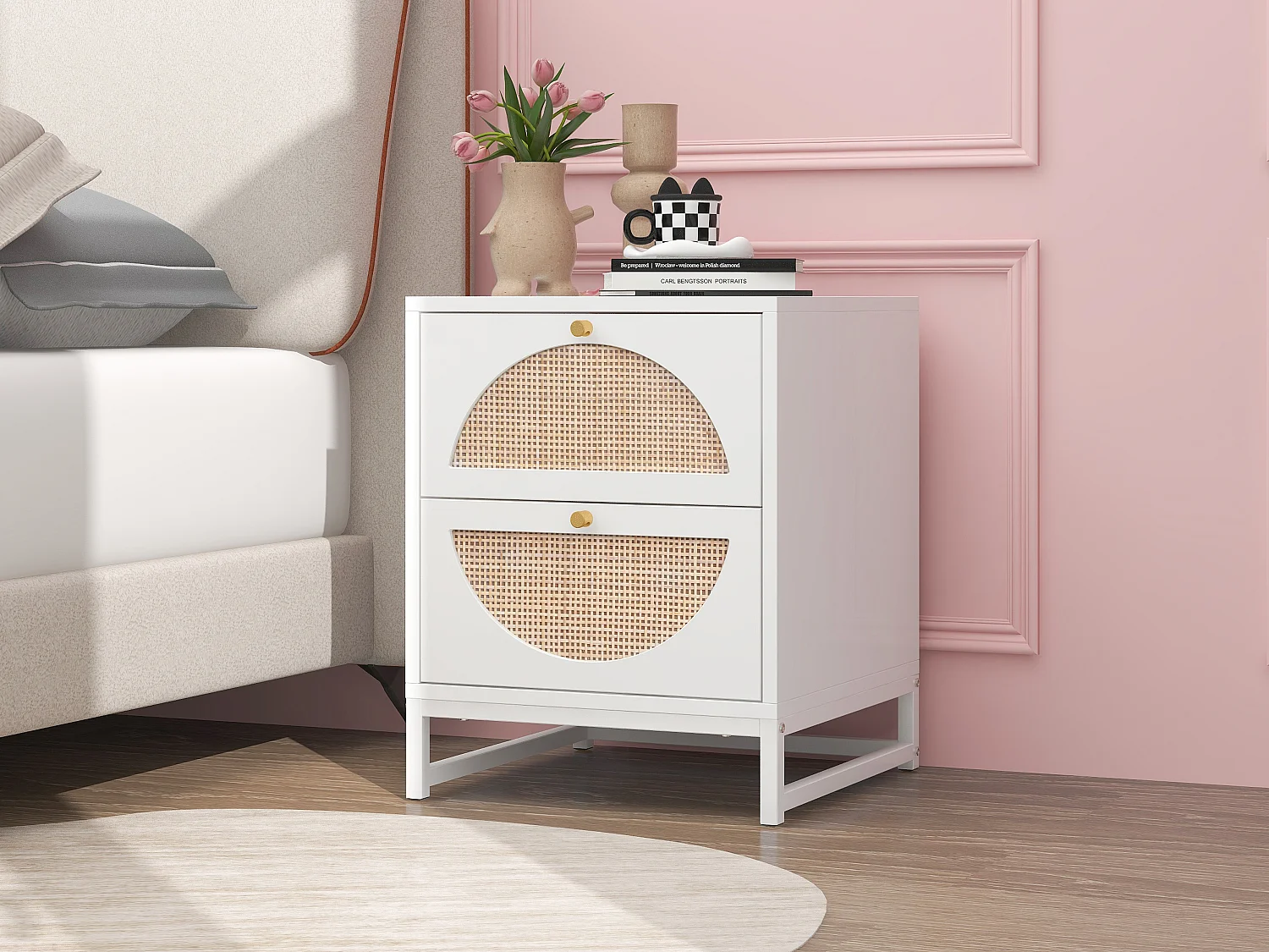 Table de chevet à 2 tiroirs, design symétrique semi-circulaire, façade en rotin, tiroirs interchangeables (40x40x53cm)