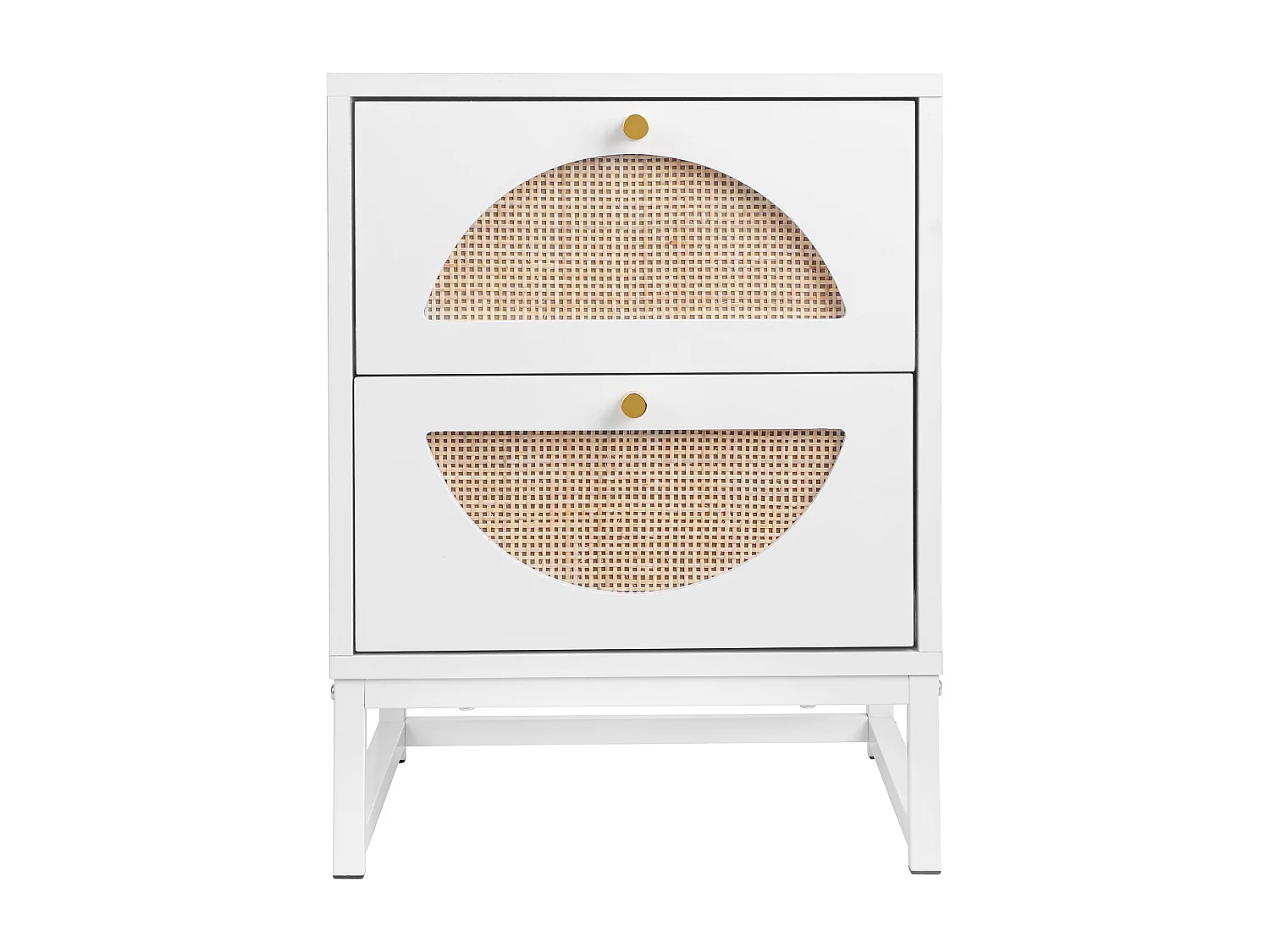Table de chevet à 2 tiroirs, design symétrique semi-circulaire, façade en rotin, tiroirs interchangeables (40x40x53cm)