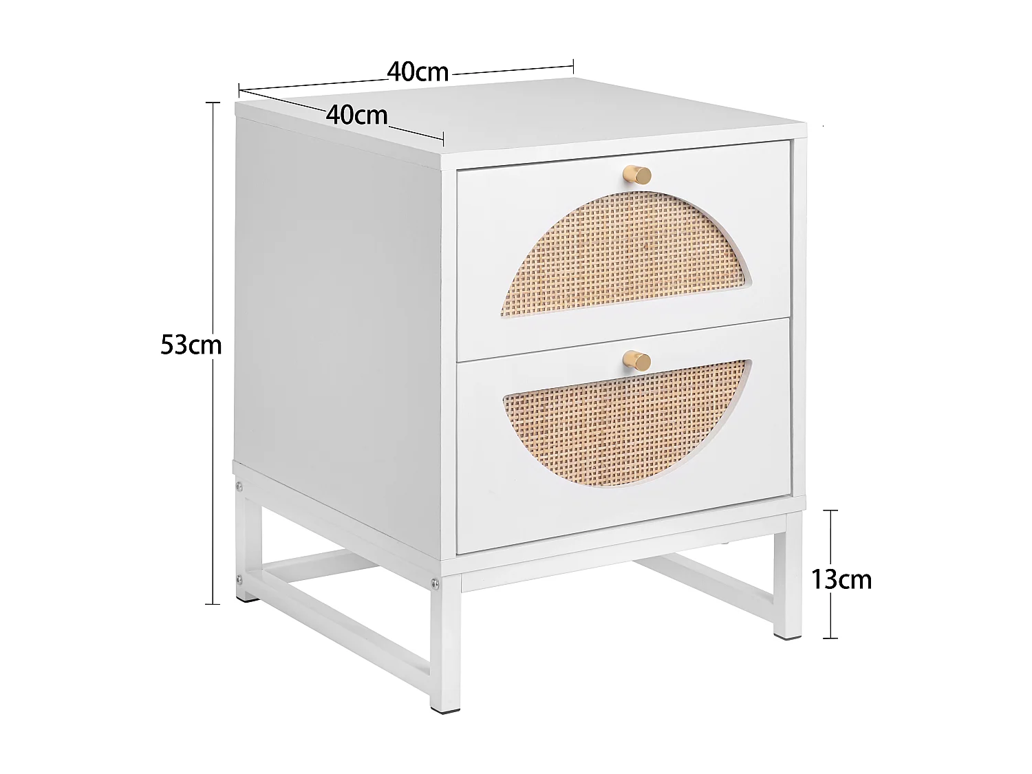 Table de chevet à 2 tiroirs, design symétrique semi-circulaire, façade en rotin, tiroirs interchangeables (40x40x53cm)