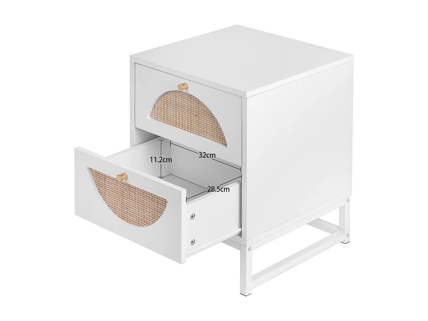 Table de chevet à 2 tiroirs, design symétrique semi-circulaire, façade en rotin, tiroirs interchangeables (40x40x53cm)