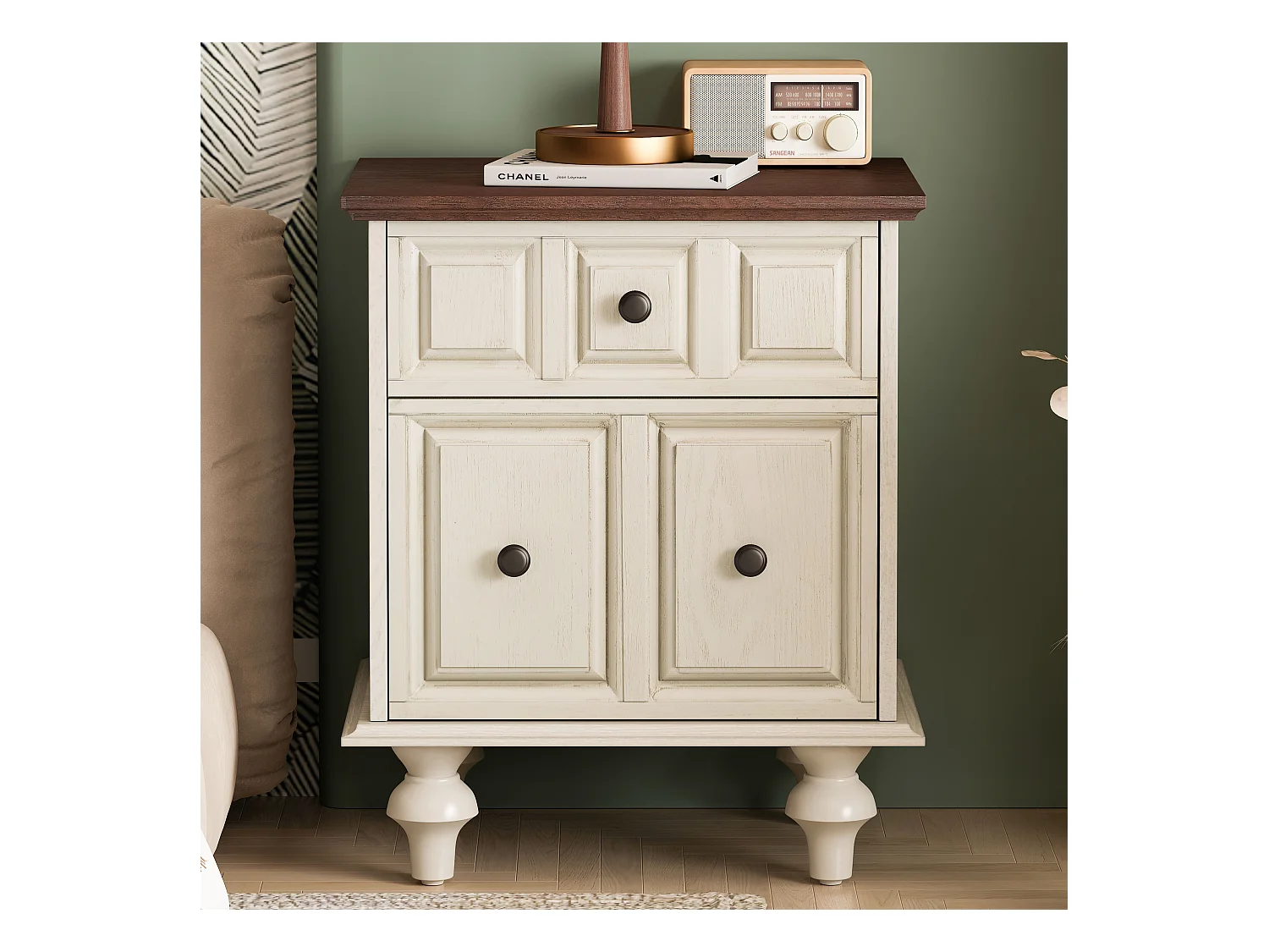 Table de chevet vintage à 2 tiroirs, pieds colonnes romaines, bois massif, Blanc Antique (52x40x60,5cm)
