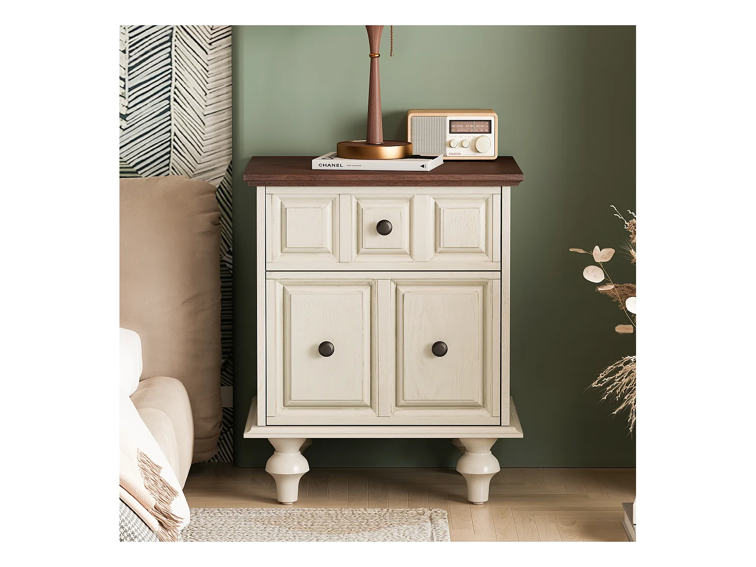 Table de chevet vintage à 2 tiroirs, pieds colonnes romaines, bois massif, Blanc Antique (52x40x60,5cm)