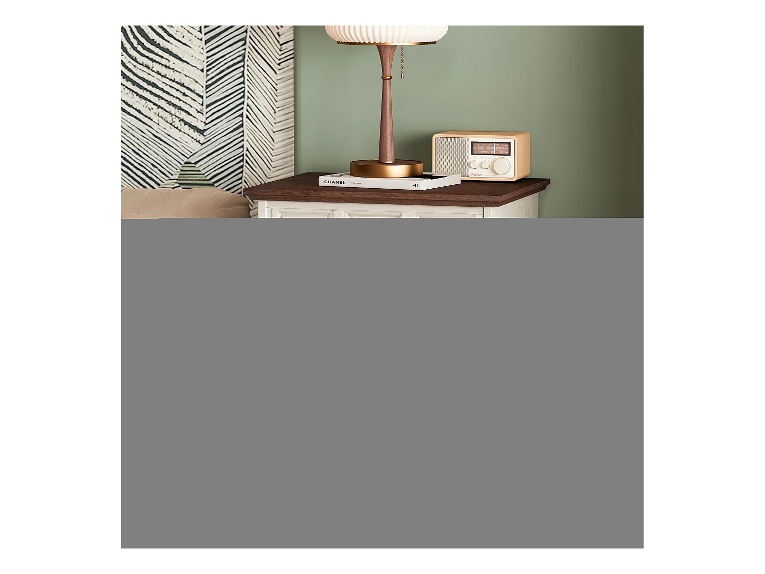 Table de chevet vintage à 2 tiroirs, pieds colonnes romaines, bois massif, Blanc Antique (52x40x60,5cm)