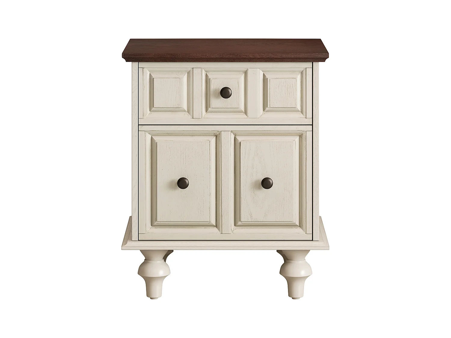 Table de chevet vintage à 2 tiroirs, pieds colonnes romaines, bois massif, Blanc Antique (52x40x60,5cm)