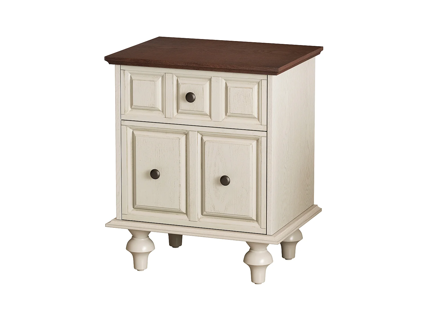 Table de chevet vintage à 2 tiroirs, pieds colonnes romaines, bois massif, Blanc Antique (52x40x60,5cm)