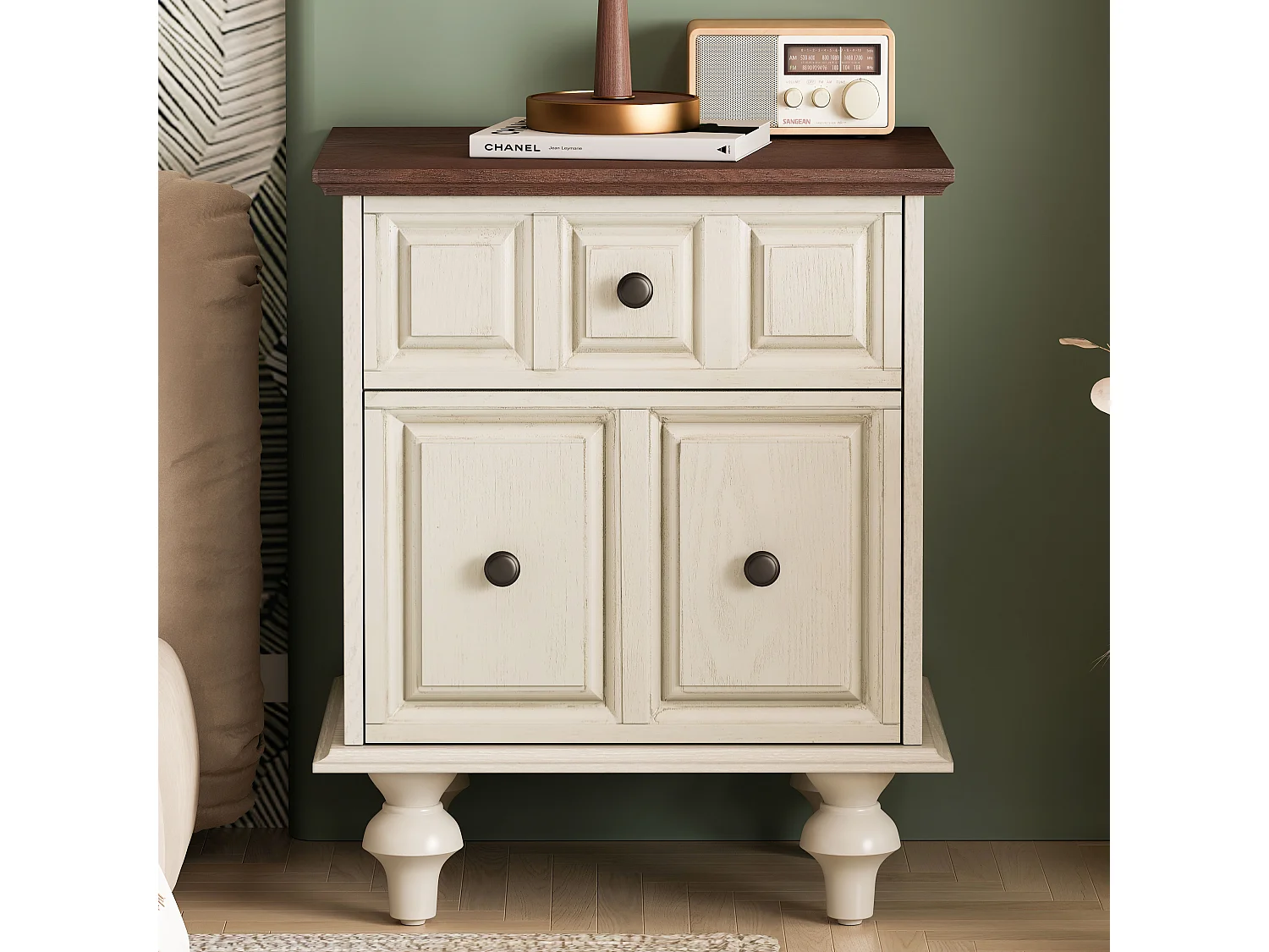 Comodino vintage a 2 cassetti, gambe a colonna romana, legno massello, bianco antico (52x40x60,5 cm)