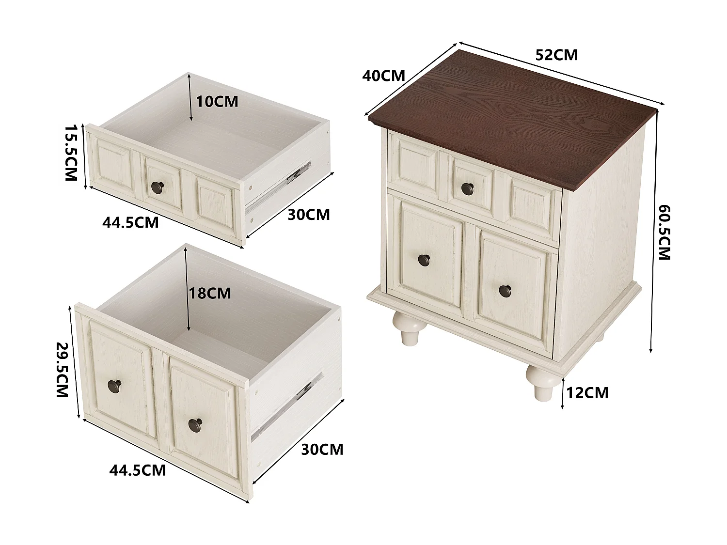 Comodino vintage a 2 cassetti, gambe a colonna romana, legno massello, bianco antico (52x40x60,5 cm)