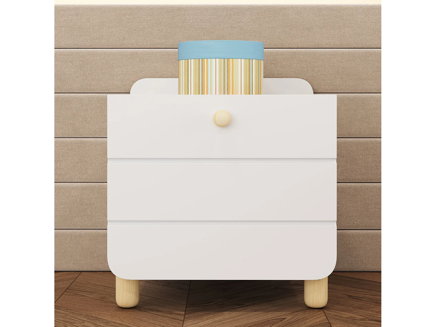 Table de chevet 1 tiroir, coulisses silencieuses, pieds couleur bois, rangements, MDF, blanc (38,5x33x39,5cm)