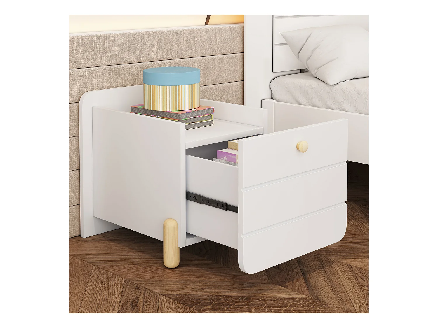 Table de chevet 1 tiroir, coulisses silencieuses, pieds couleur bois, rangements, MDF, blanc (38,5x33x39,5cm)