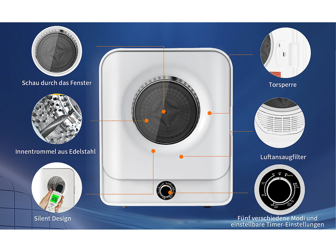 Sèche-linge à évacuation, capacité 3 kg (jusqu'à 4,5 kg), acier inoxydable, 830 W, 5 programmes, montage mural (49,5x43,5x59,5 cm)