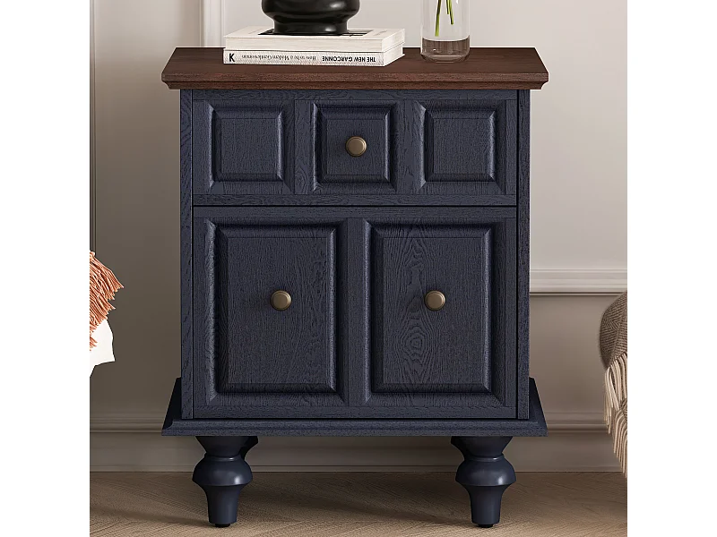 Mesita de noche vintage con 2 cajones, patas de columna romana, madera maciza, azul oscuro (52x40x60,5cm)
