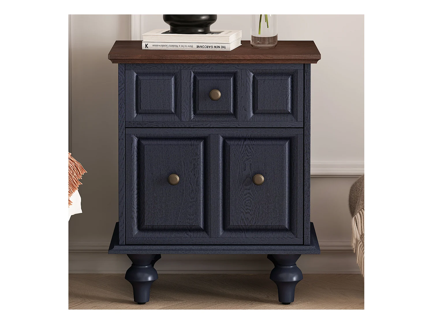 Table de chevet vintage à 2 tiroirs, pieds colonnes romaines, bois massif, bleu foncé (52x40x60,5cm)