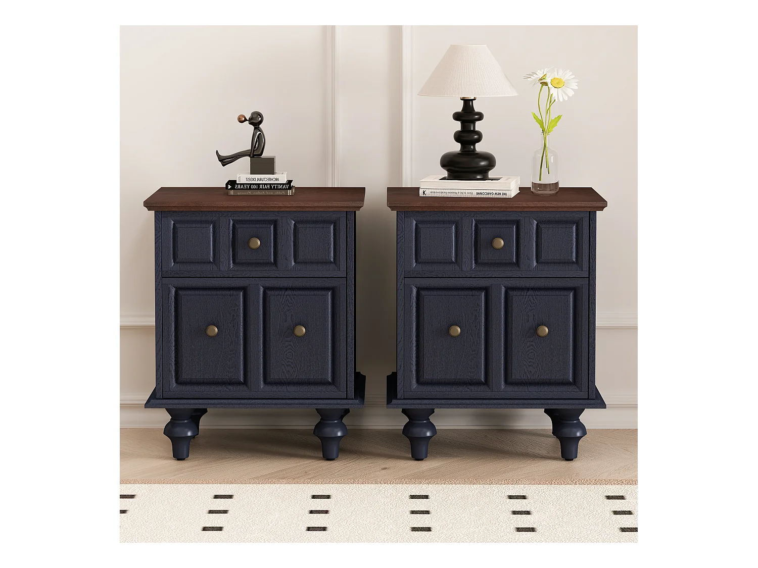 Table de chevet vintage à 2 tiroirs, pieds colonnes romaines, bois massif, bleu foncé (52x40x60,5cm)