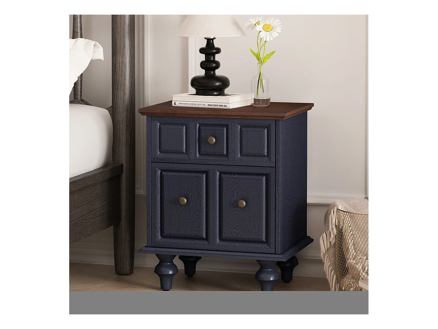 Table de chevet vintage à 2 tiroirs, pieds colonnes romaines, bois massif, bleu foncé (52x40x60,5cm)