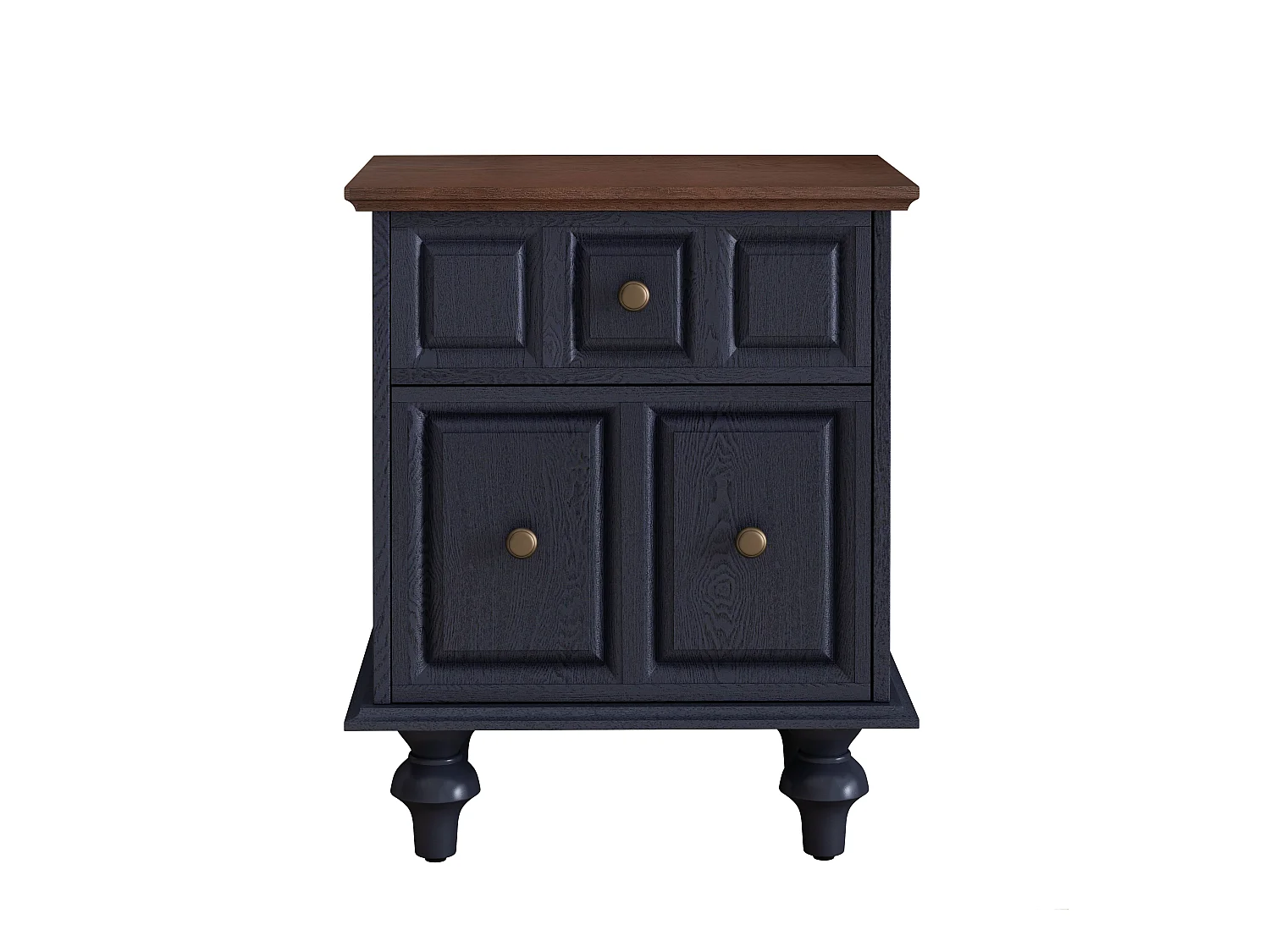 Table de chevet vintage à 2 tiroirs, pieds colonnes romaines, bois massif, bleu foncé (52x40x60,5cm)