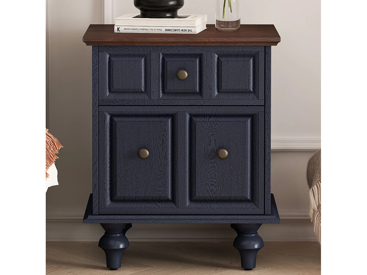 Table de chevet vintage à 2 tiroirs, pieds colonnes romaines, bois massif, bleu foncé (52x40x60,5cm)