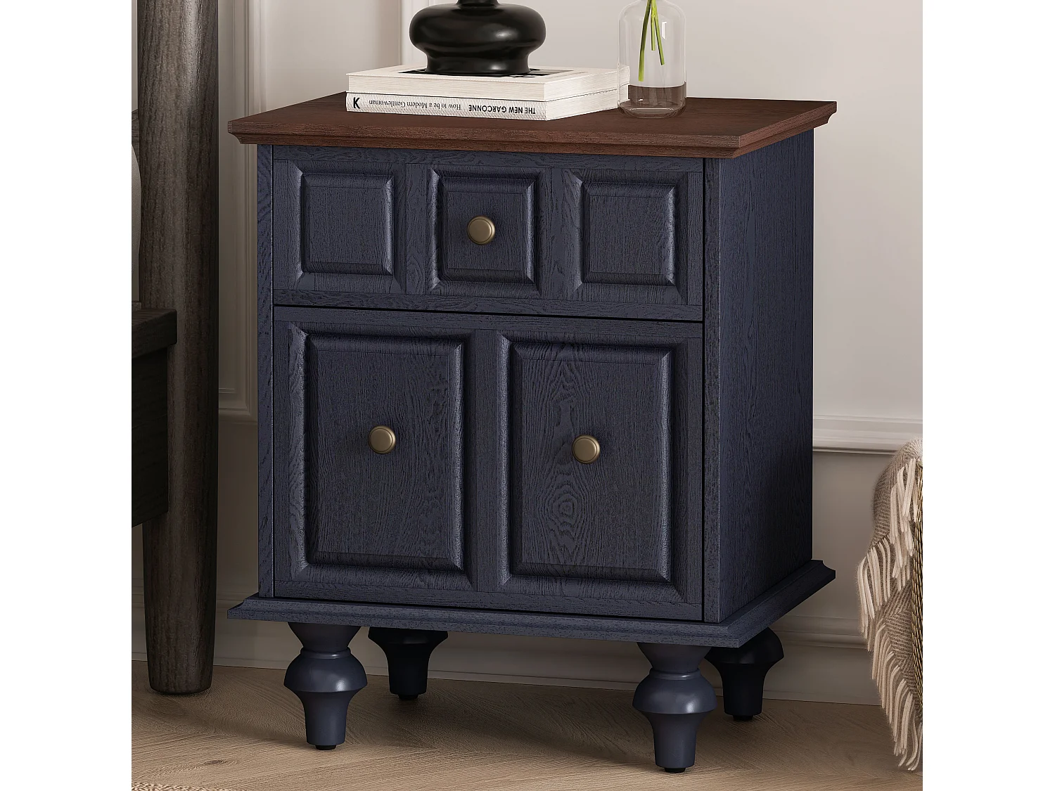 Table de chevet vintage à 2 tiroirs, pieds colonnes romaines, bois massif, bleu foncé (52x40x60,5cm)