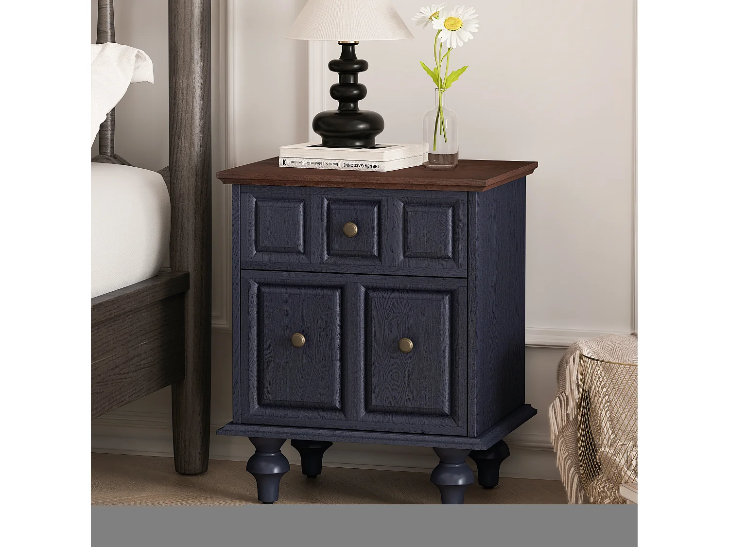 Table de chevet vintage à 2 tiroirs, pieds colonnes romaines, bois massif, bleu foncé (52x40x60,5cm)