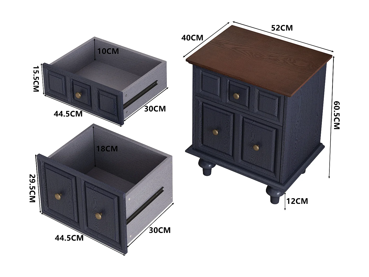 Table de chevet vintage à 2 tiroirs, pieds colonnes romaines, bois massif, bleu foncé (52x40x60,5cm)