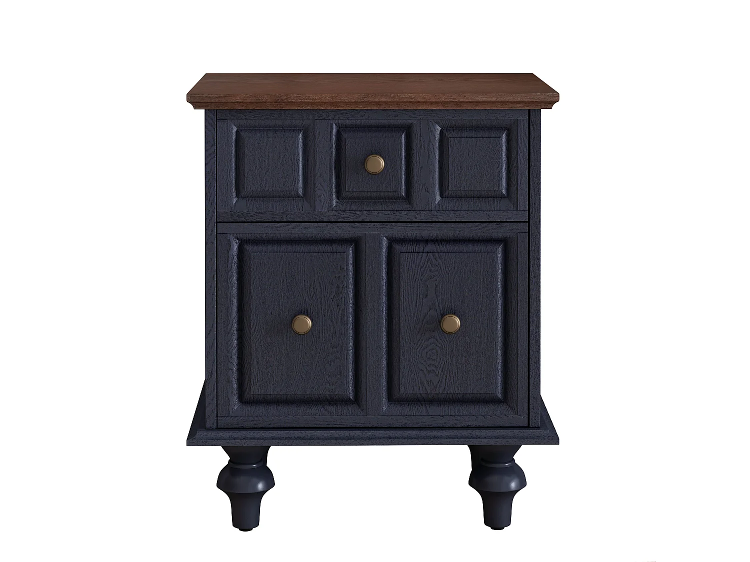 Table de chevet vintage à 2 tiroirs, pieds colonnes romaines, bois massif, bleu foncé (52x40x60,5cm)