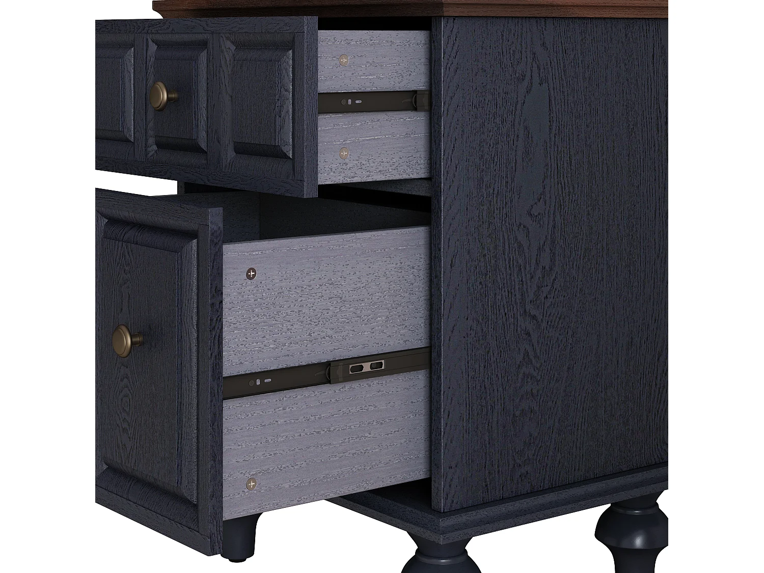 Table de chevet vintage à 2 tiroirs, pieds colonnes romaines, bois massif, bleu foncé (52x40x60,5cm)