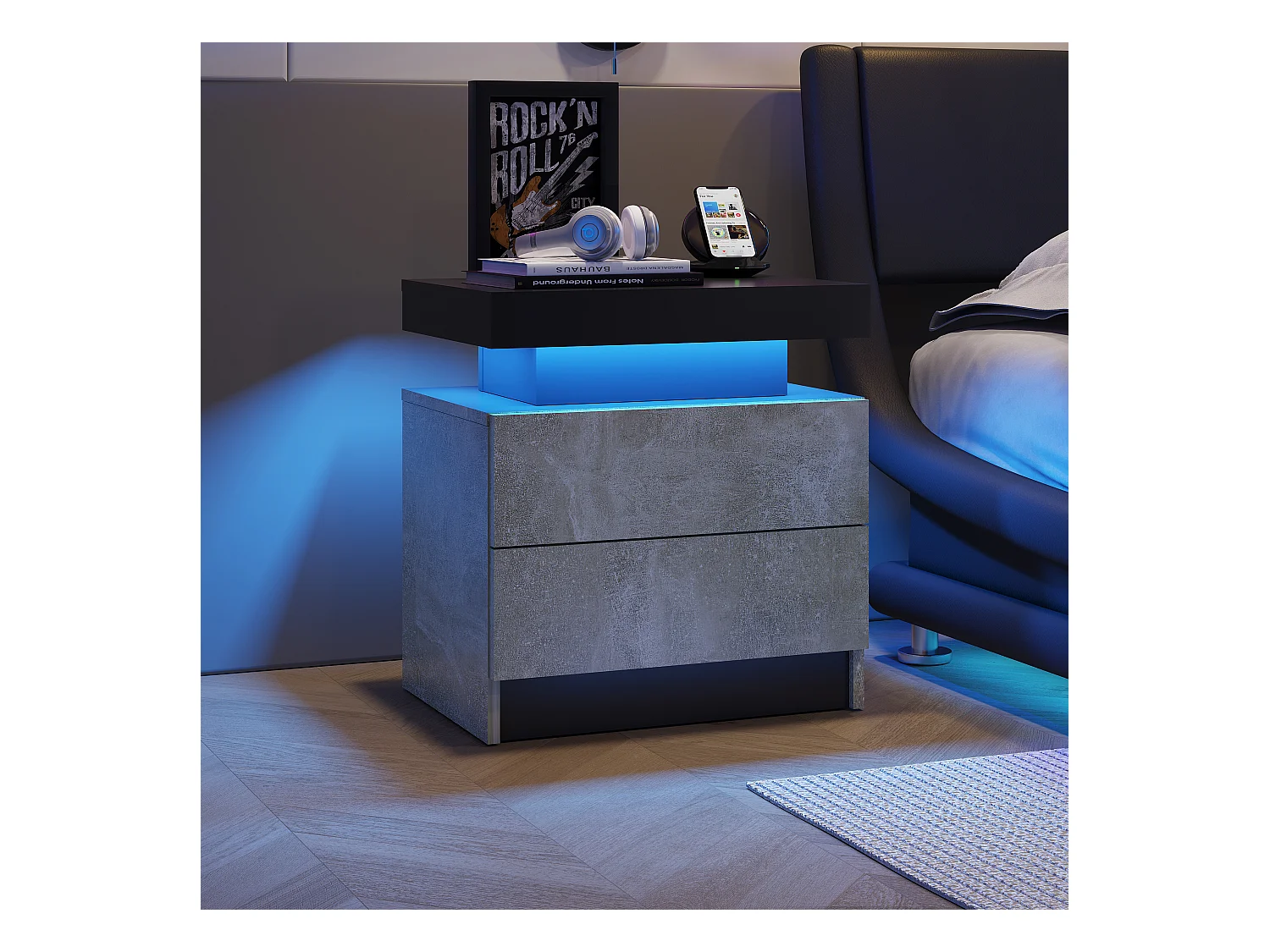 LED-nachtkastje met 2 lades, acryl blad, RGB-verlichting, MDF, grijs (50x53x36cm)