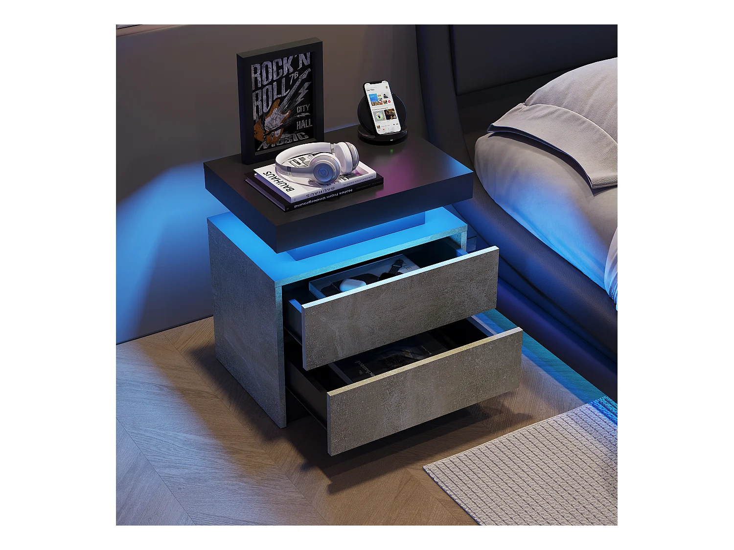 LED-nachtkastje met 2 lades, acryl blad, RGB-verlichting, MDF, grijs (50x53x36cm)