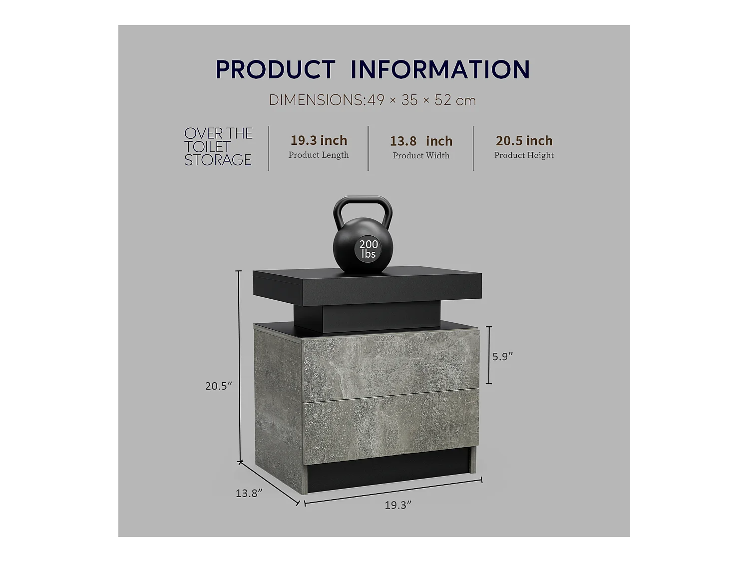 LED-nachtkastje met 2 lades, acryl blad, RGB-verlichting, MDF, grijs (50x53x36cm)