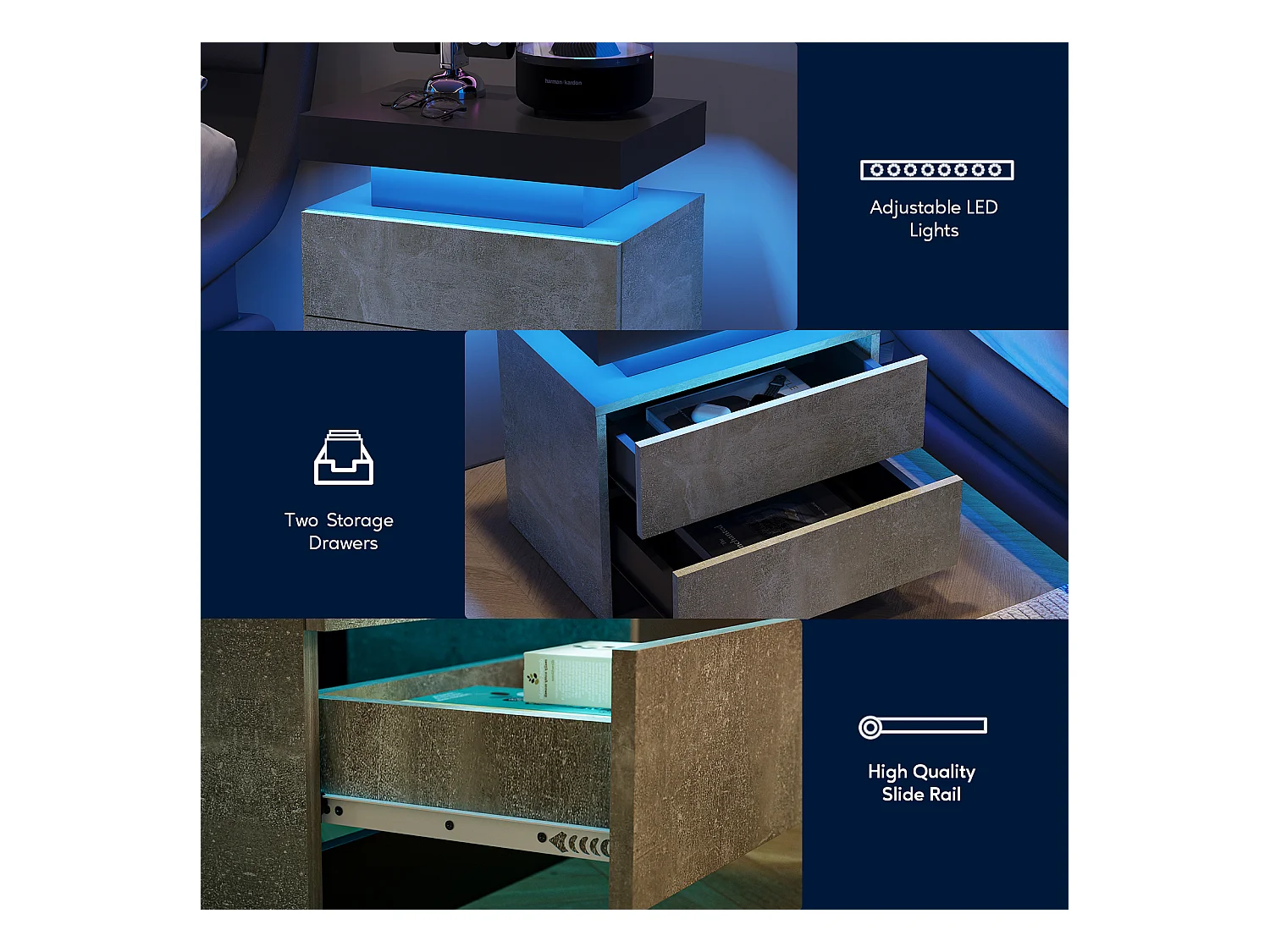 LED-nachtkastje met 2 lades, acryl blad, RGB-verlichting, MDF, grijs (50x53x36cm)