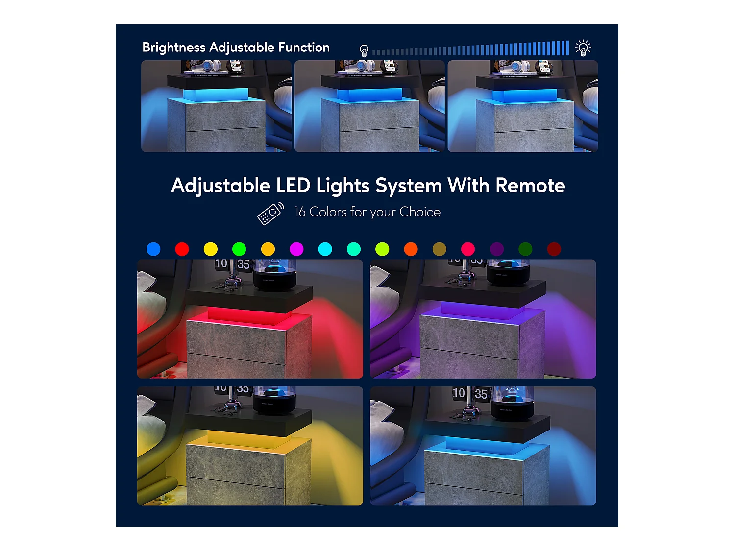 LED-nachtkastje met 2 lades, acryl blad, RGB-verlichting, MDF, grijs (50x53x36cm)