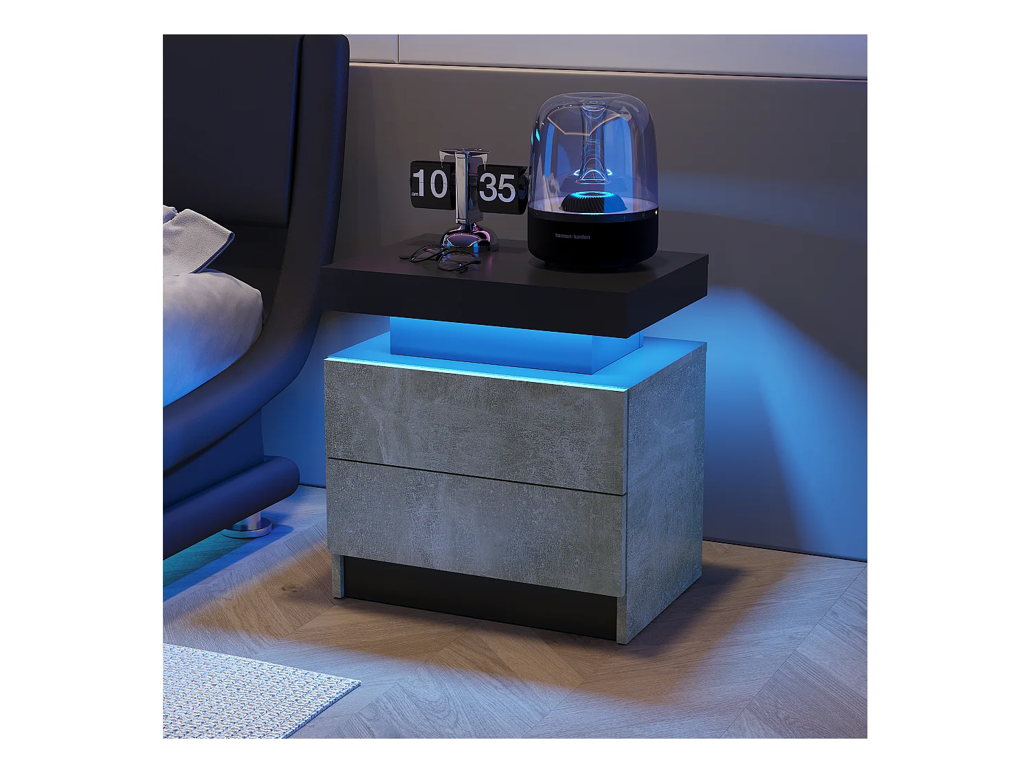 LED-nachtkastje met 2 lades, acryl blad, RGB-verlichting, MDF, grijs (50x53x36cm)