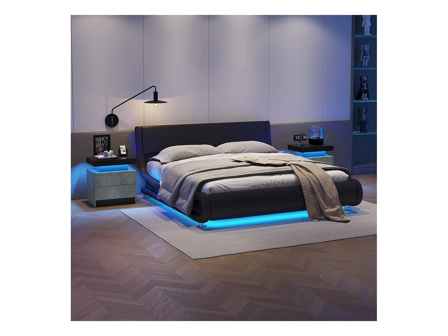 LED-nachtkastje met 2 lades, acryl blad, RGB-verlichting, MDF, grijs (50x53x36cm)