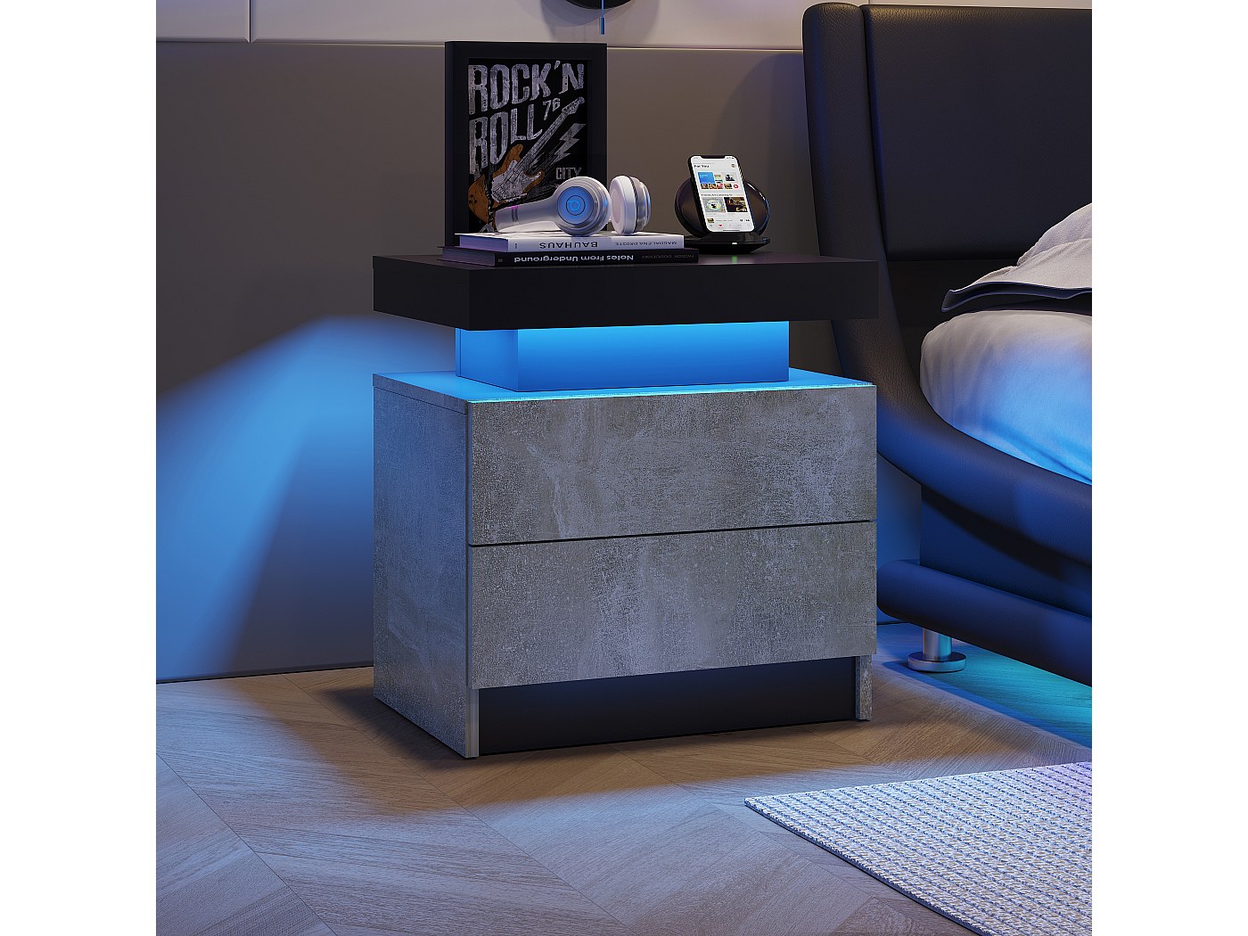 Table de chevet LED avec 2 tiroirs, plateau en acrylique, éclairage RGB ...