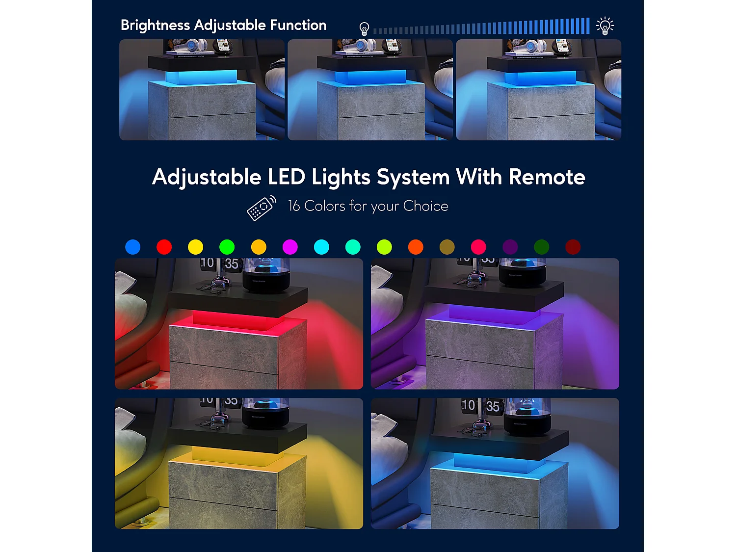 LED-nachtkastje met 2 lades, acryl blad, RGB-verlichting, MDF, grijs (50x53x36cm)