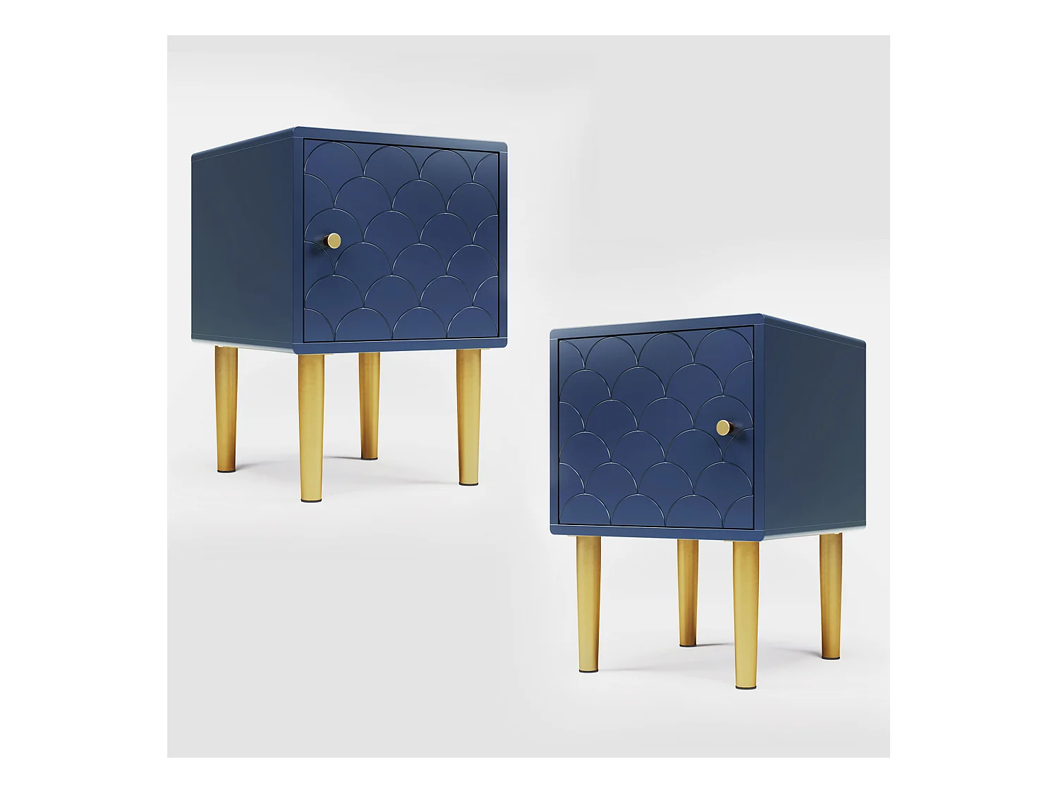 Ensemble de 2 tables de chevet, table de nuit, table d'appoint, bleu marine, motif écailles de poisson, façade en rotin, pieds en métal(35x35x50cm)