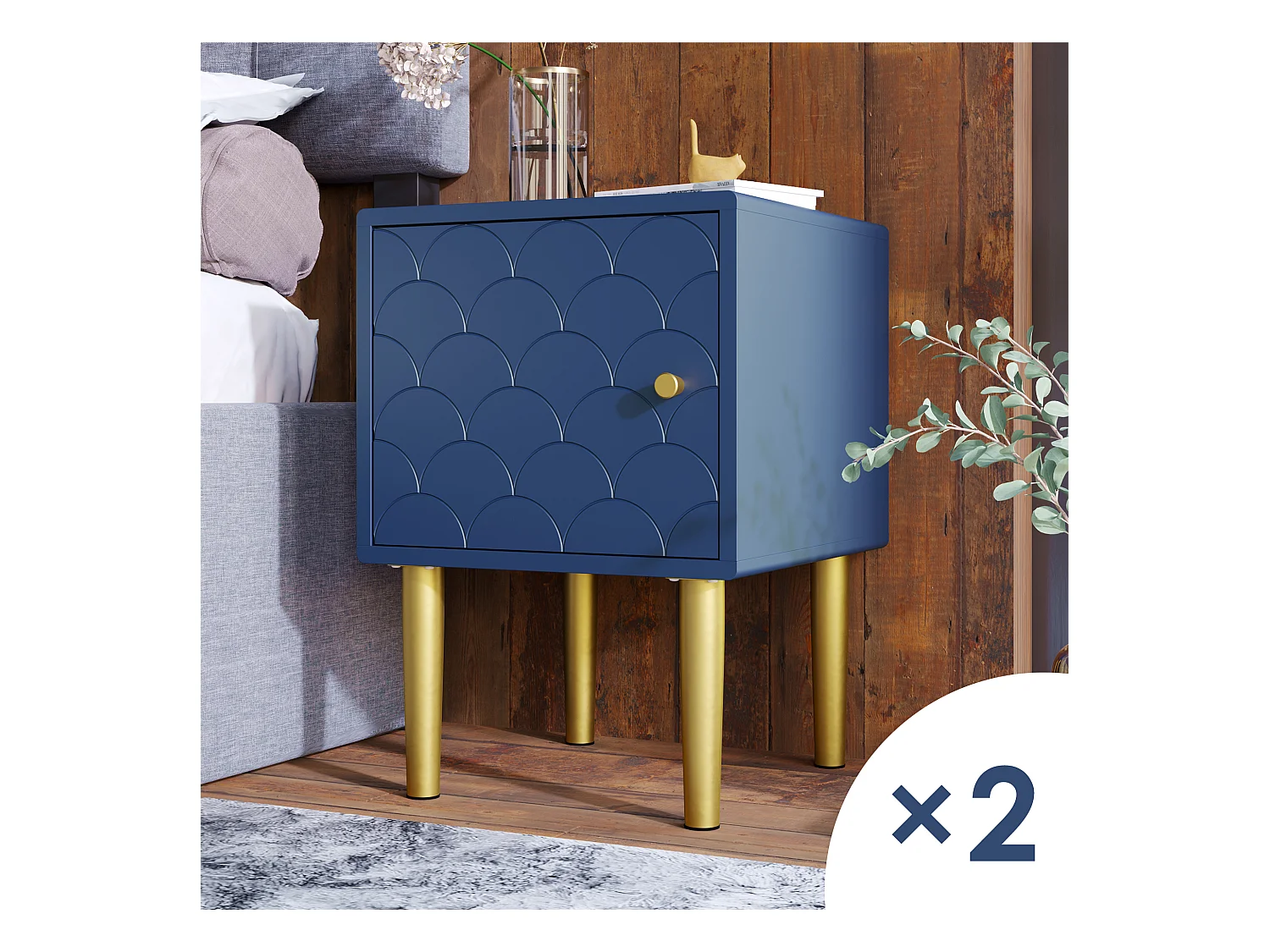 Ensemble de 2 tables de chevet, table de nuit, table d'appoint, bleu marine, motif écailles de poisson, façade en rotin, pieds en métal(35x35x50cm)