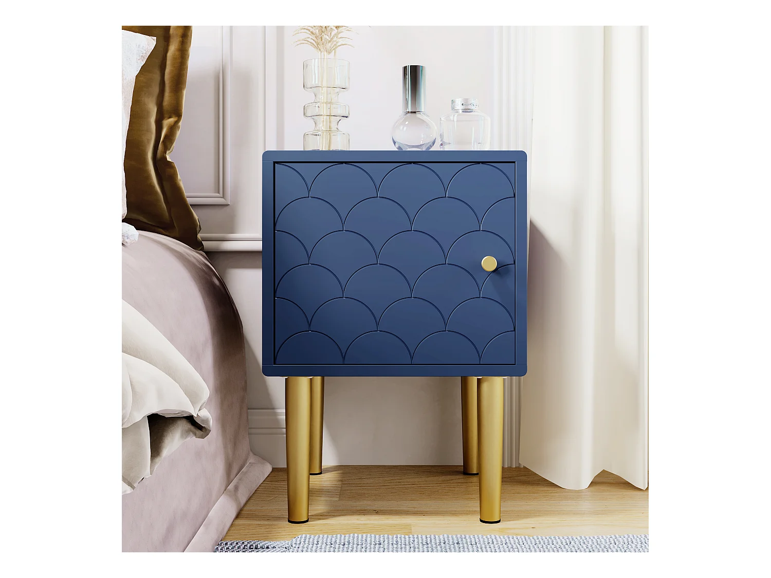 Ensemble de 2 tables de chevet, table de nuit, table d'appoint, bleu marine, motif écailles de poisson, façade en rotin, pieds en métal(35x35x50cm)