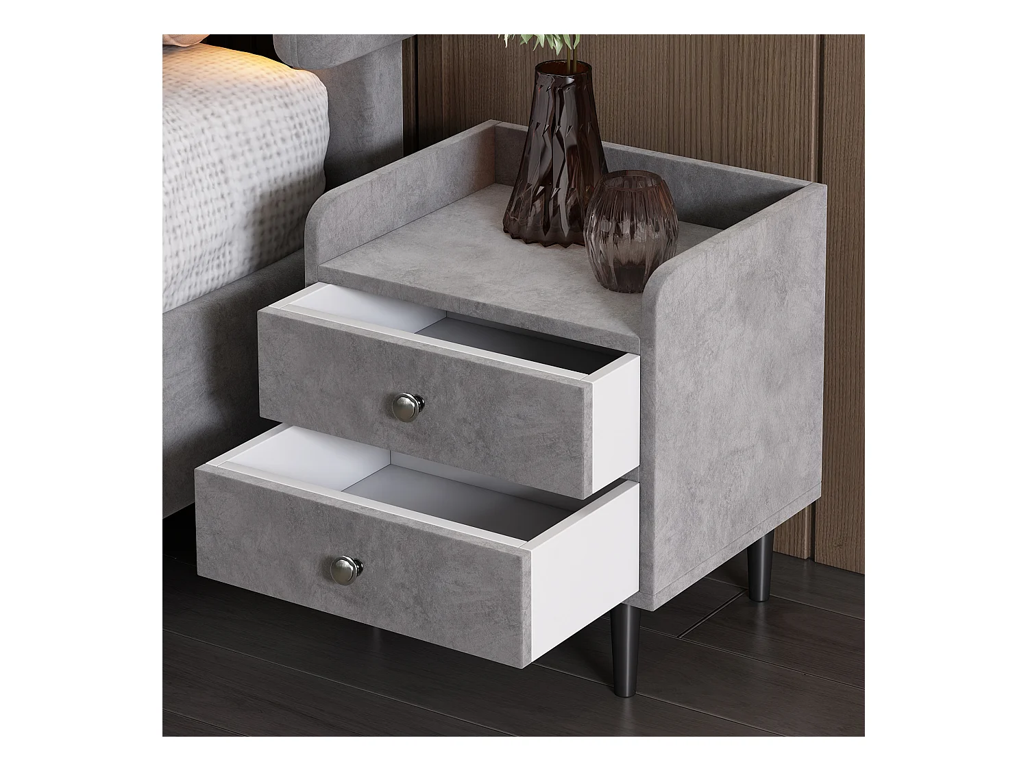 Table de chevet tapissée avec 2 tiroirs, miroir LED, poignée en métal, velours, gris (43,5x35,5x49cm)